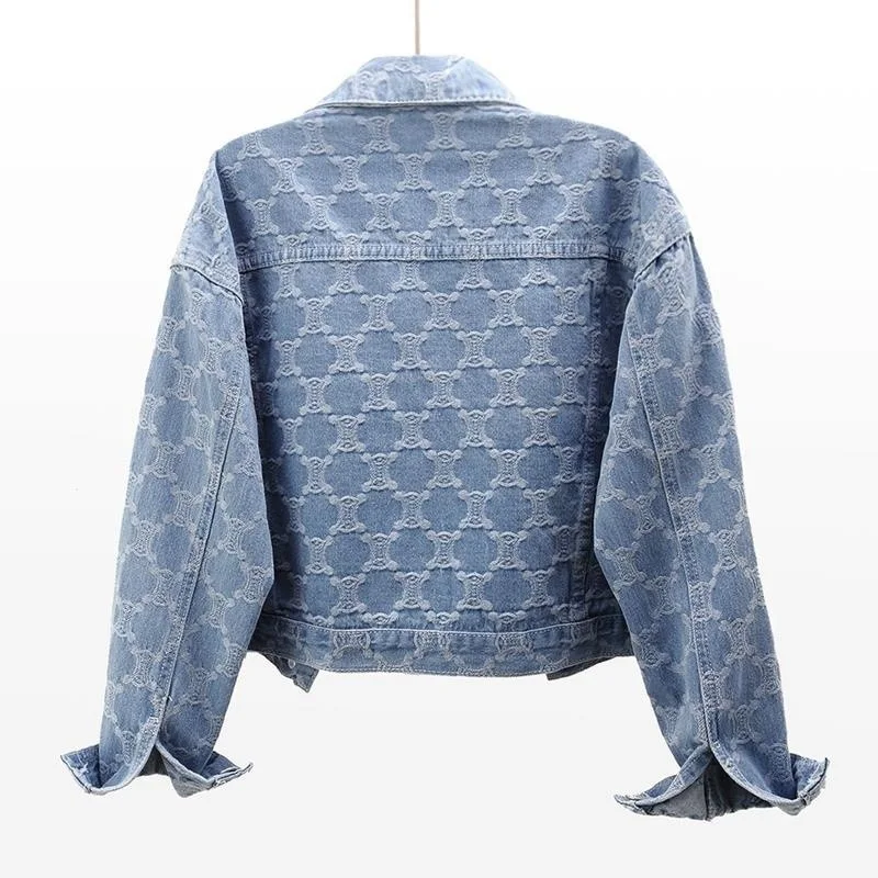 Embroidered Print Streetwear Denim Jacket 2024 Autumn Fashion Korean Style Cropped Top Harajuku Loose Versatile Women Jacket