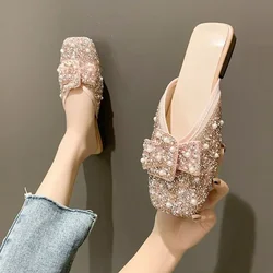 Glitter Elegant Mules Shoes for Women Sandals Fashion Heeled Rhinestone Sequin Slippers Summer New 2024 Flat Slipper Comfortable