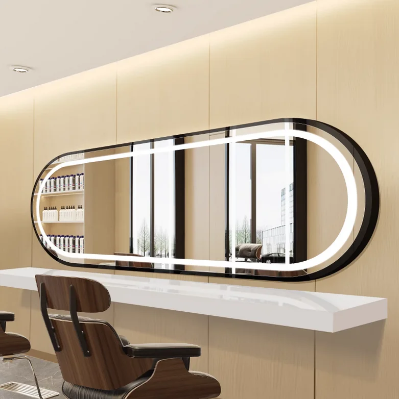 Horizontal hanging hair salon mirror with lights, internet celebrity hair salon mirror table