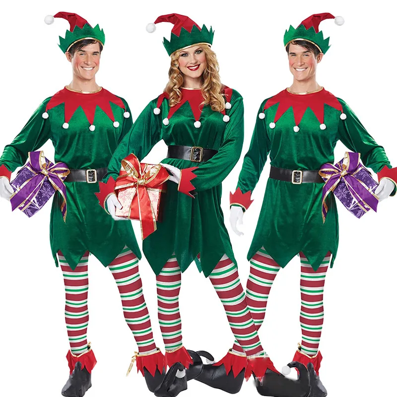 Deluxe Santa Claus Christmas Green Elf Cosplay Costume Xmas Carnival Fancy Party Dress Couple New Year Clothes Set For Women Men