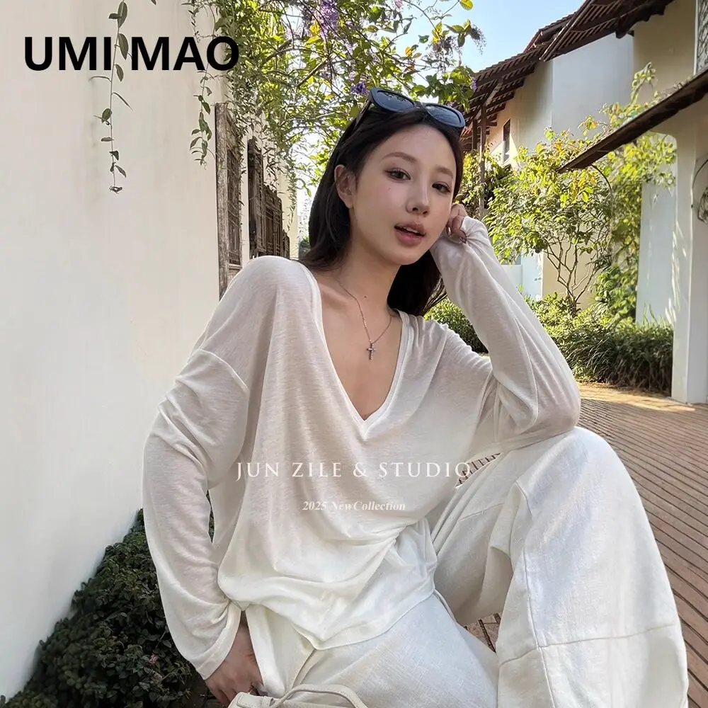 

UMI MAO Top Women's Lazy Style Relaxation Old Money Style Loose Leisure Sunscreen Shirt Summer V-neck Long Sleeved T-shirt