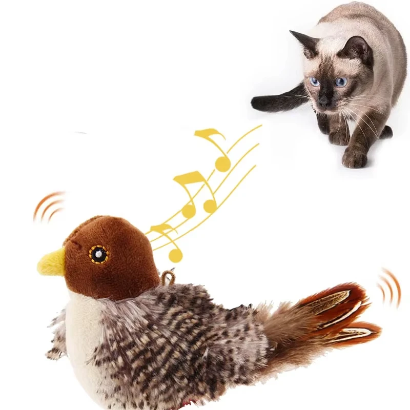 Jouet interactif en peluche pour chat avec ailes qui battent, imitant le chant d'oiseaux et contenant du catnip pour chats de compagnie