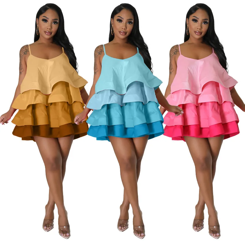 Spring and Summer New Women's Clothing Gradual Change Color Ruffle Edge Cake Skirt Suspender Sexy Dress