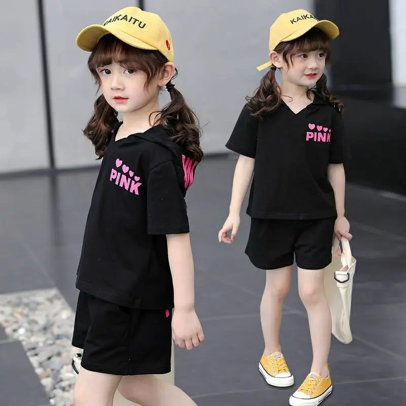 2024 fashion Girls Summer Suit New Child set Clothes Shorts pink heart hooded T-shirt + hot pant Teenager Kids 4 7 8 9 12 year