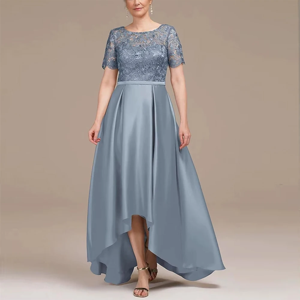 Customized Elegant A-Line Evening Dress Satin Lace Boat Neck Short Sleeve Asymmetrical Hemline Wedding Party Dresses