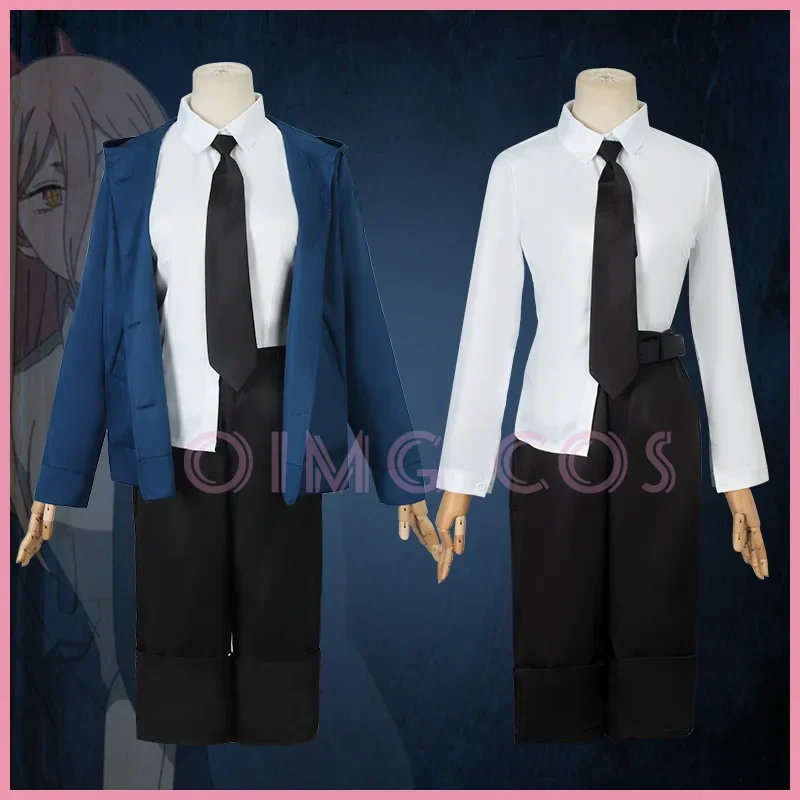 Power cosplay costume chainsaw man outfits blue suit shirt tie short wig neck ring women anime Halloween uniform