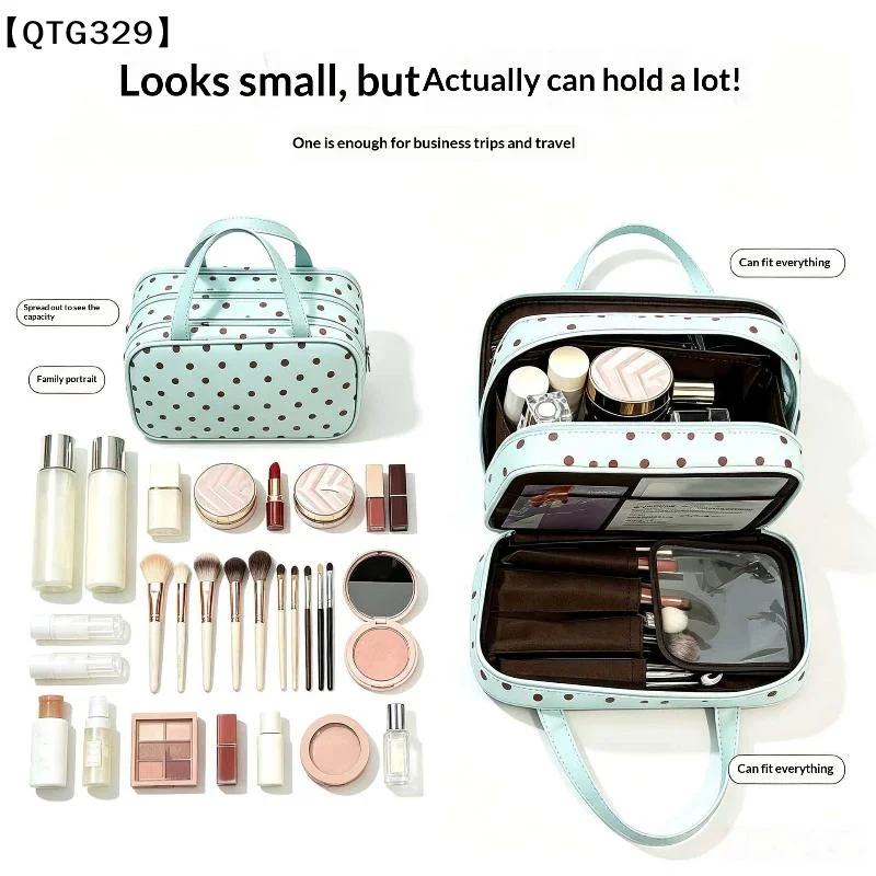 1Pcs PU Large Capacity Travel Toiletry Three Tier Multi Pocket Hanging Suitcase Organizer Polka Dot Handbag Sturdy Handle[T]【WQ】