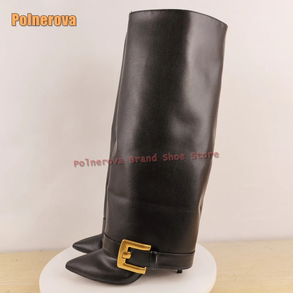 

Metal Square Buckle Trouser Boots 2025 Autumn Shoes New Pointed Toe Stiletto Pull On Women Elegant Knee High Boots Street Style