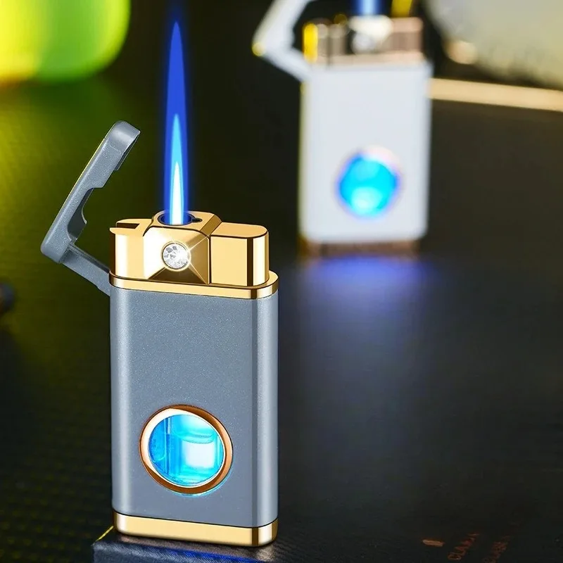 

НОВАЯ Зажигалка с бриллиантовой инкрустацией, прямым синим пламенем, прозрачным окном и подсветкой, металлическая ветрозащитная зажигалка, подарок для мужчин