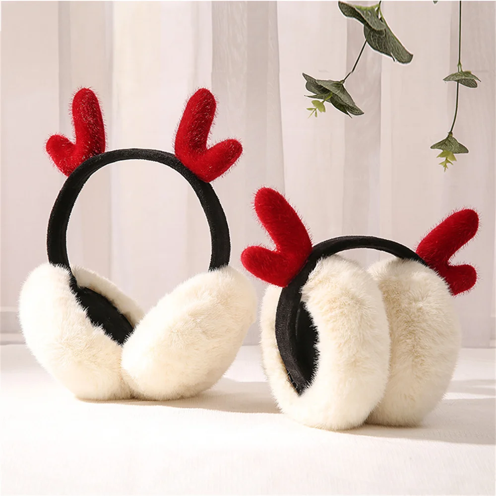 Soft Plush Earmuffs for Women Christmas Antlers Winter Warm Ear Warmer Earflap Outdoor Cold Protection Ear Cover Fur Headphones