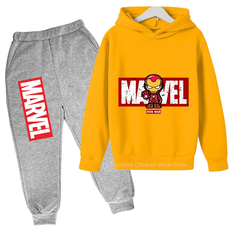 New Marvel Q-Edition Iron Man Print Hoodie & Pants Set - Kids' Cotton Capped Outfit for Casual Styles