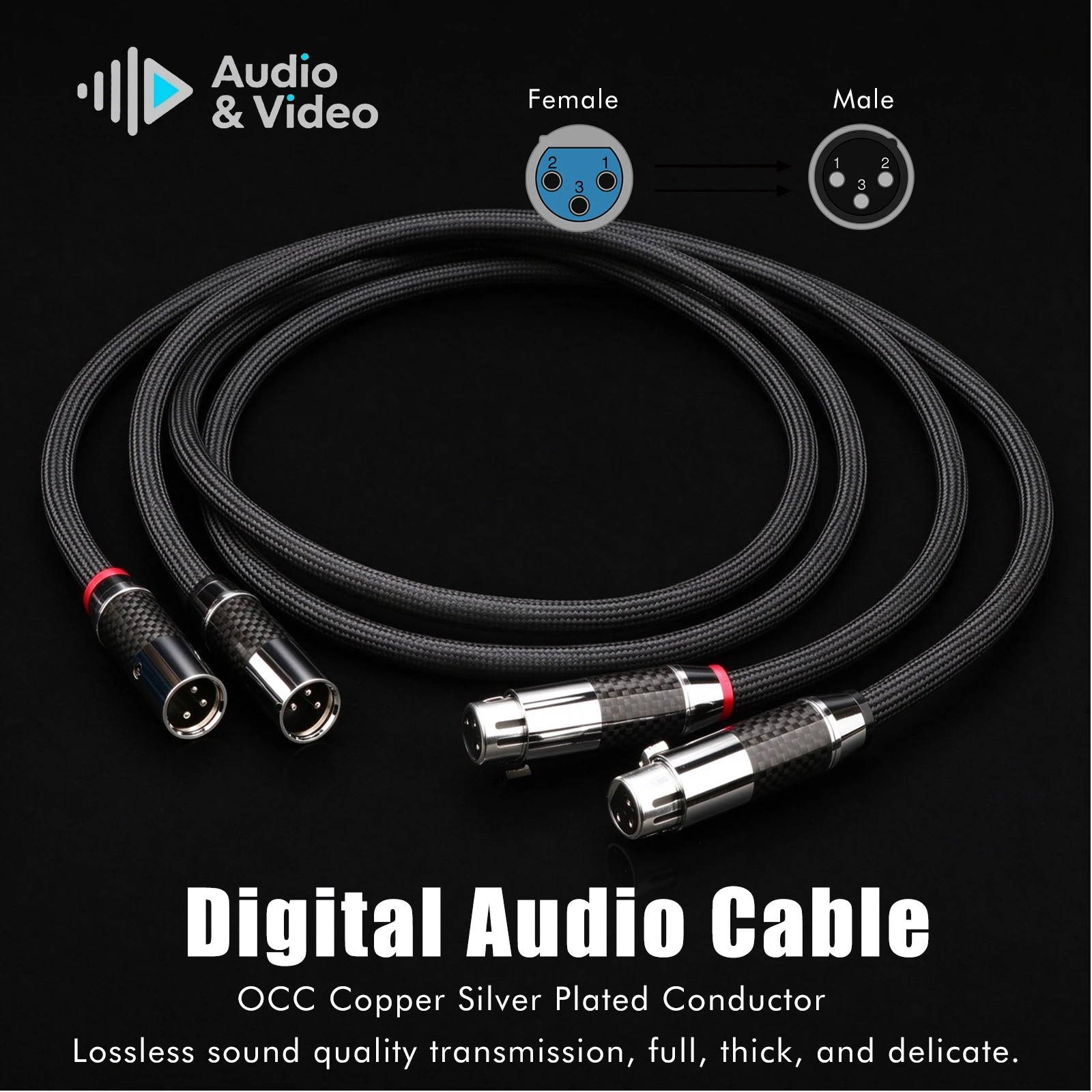 Hifi XLR-Kabel 6N OCC Silberbeschichtetes XLR-Buchsenkabel, Schwarzes Nylon-Geflecht mit Carbonfaser-Stecker, Audiophiles Symmetrisches Kabel – Detail 1