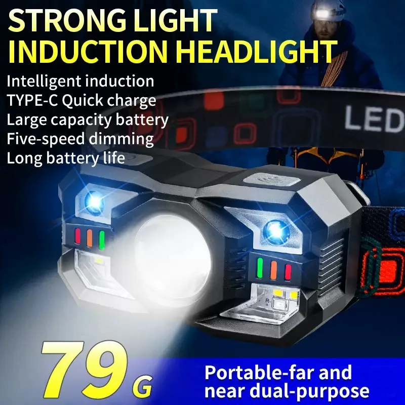 

LED Headlamp Sensor Head Flashlight Built-in 18650 battery with TYPE-C Rechargeable Headlight Outdoor Camping Fishing Lantern
