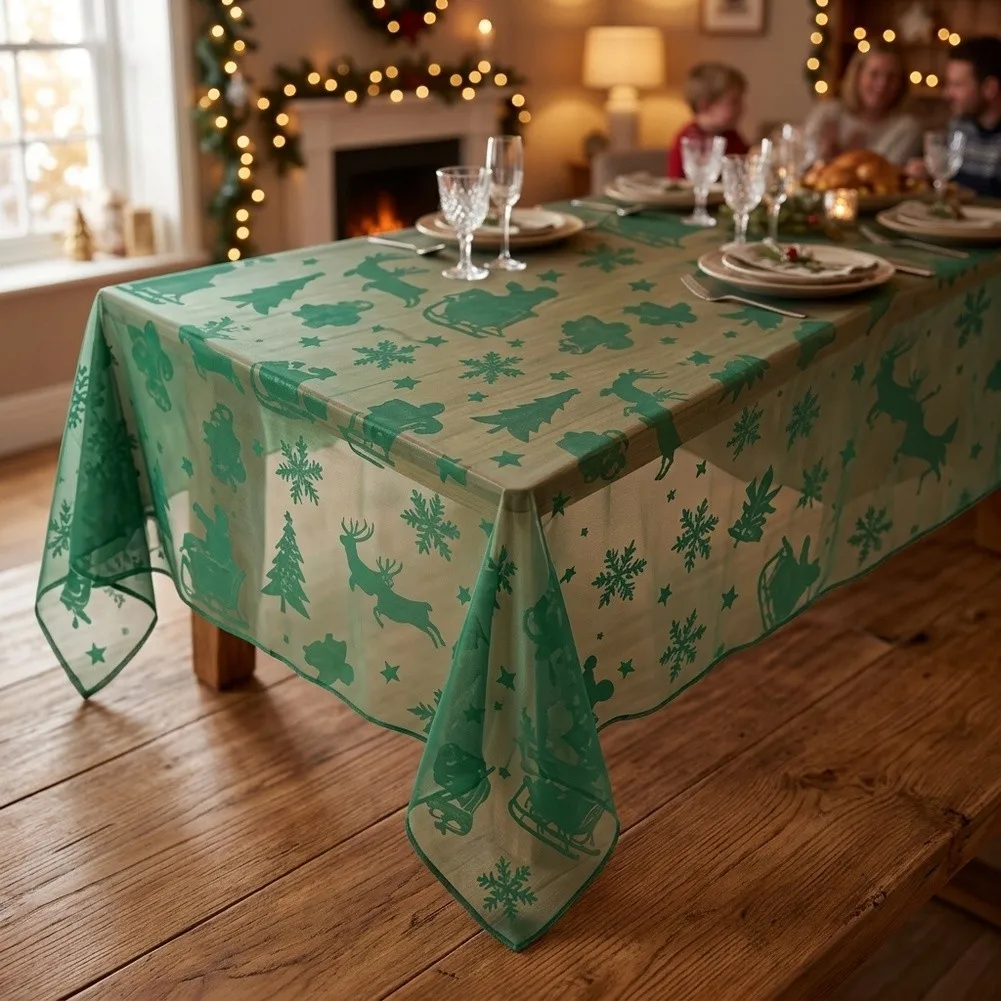 1 Piece Christmas Flocked Reindeer Snowflake Tablecloth Red Green Sheer Table Cover For Holiday Party Home Decoration