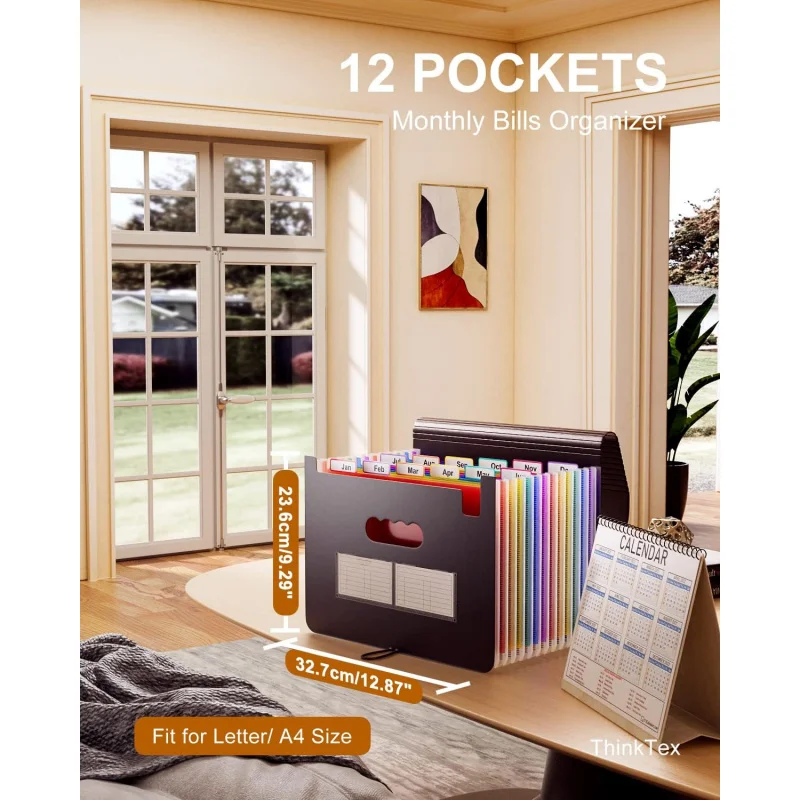 Accordion File Organizer, 12 Pockets Monthly Bill Receipt Organizer, Portable Expanding File Folders, Multi-Tabs, Letter/A
