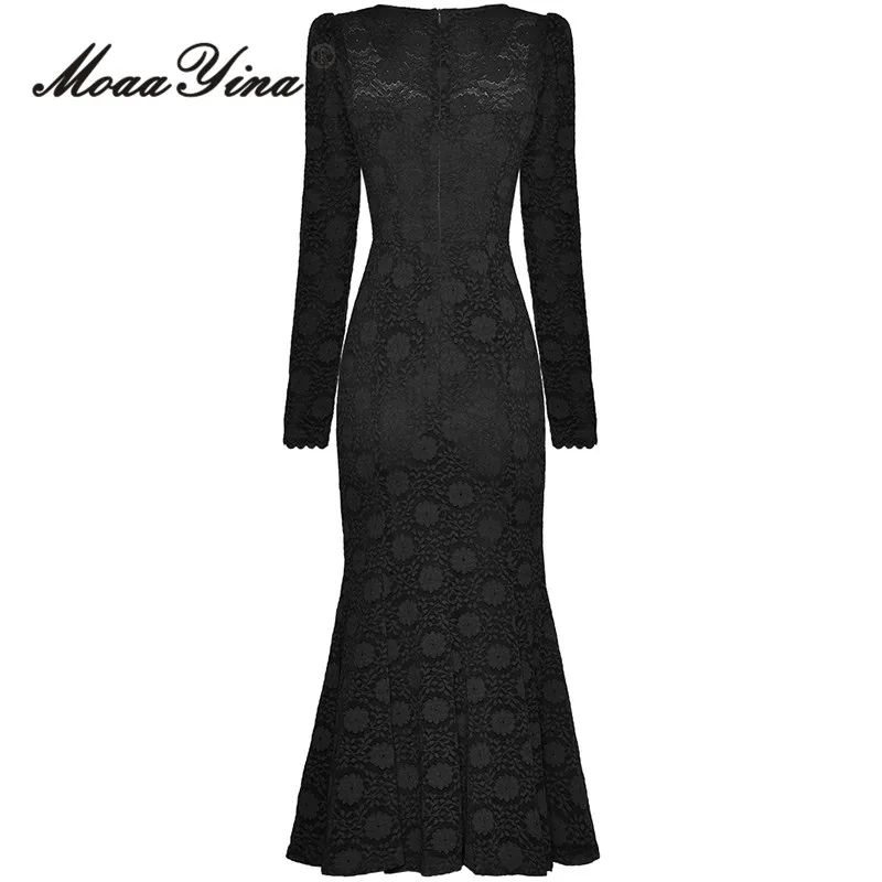 MoaaYina Summer Fashion Runway Black Vintage Mermaid Dress Women Square Collar Button High Waist Package Buttock Lace Long Dress