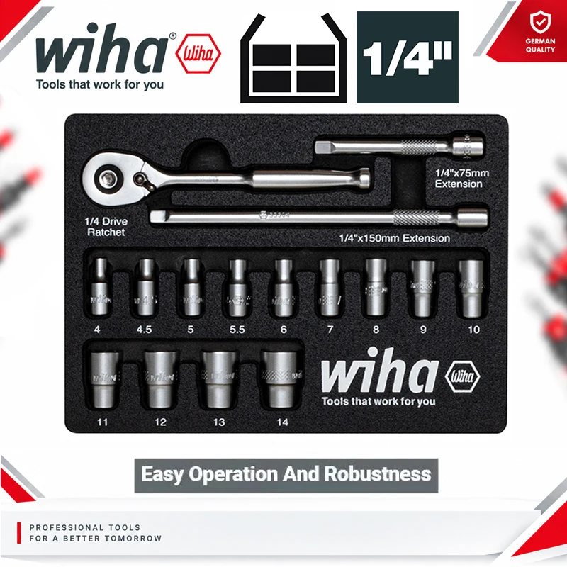 Wiha 44683 1/4" Ratchet Socket Wrench 16-Piece Set Cr-V Steel 72T Ratchet Handle Mechanical Lock Hand Tool Kit