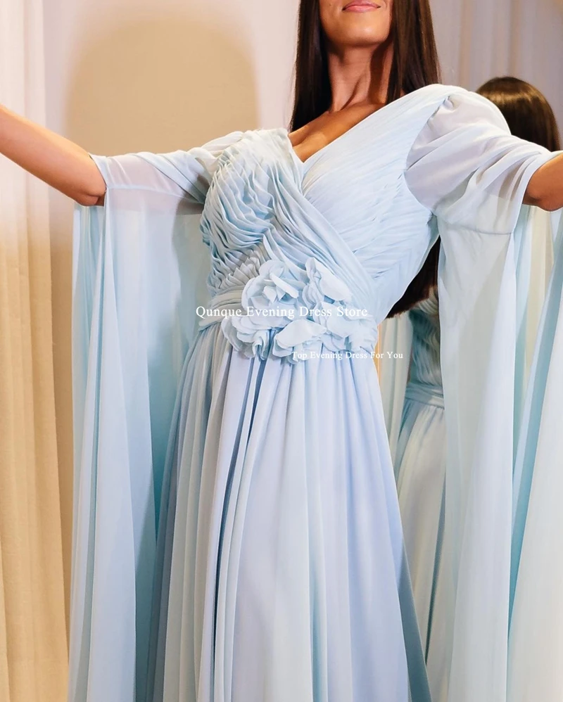 Qunque Sky Blue Long Evening Dresses Pleat Chiffon Formal Customized Party Gowns With Fairy Flowers Cape Sleeves فساتين سهرة