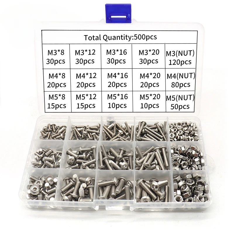 500Pcs 304 Stainless Steel Metric Hex Socket Machine Screws Bolts And Nuts Assortment Kit Pan And Round Head