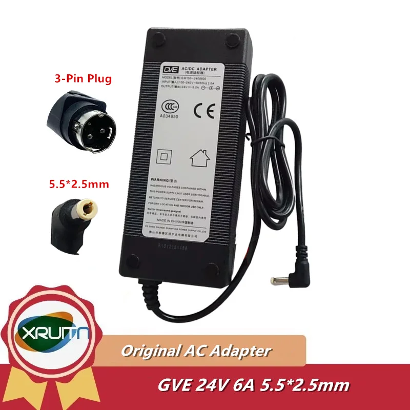 Genuine GVE GM150-2400600 AC DC Adapter Adaptor 24V 6A Charger 144W Power Supply GM152-2400600-F 5.5*2.5mm/3-Pin Plug