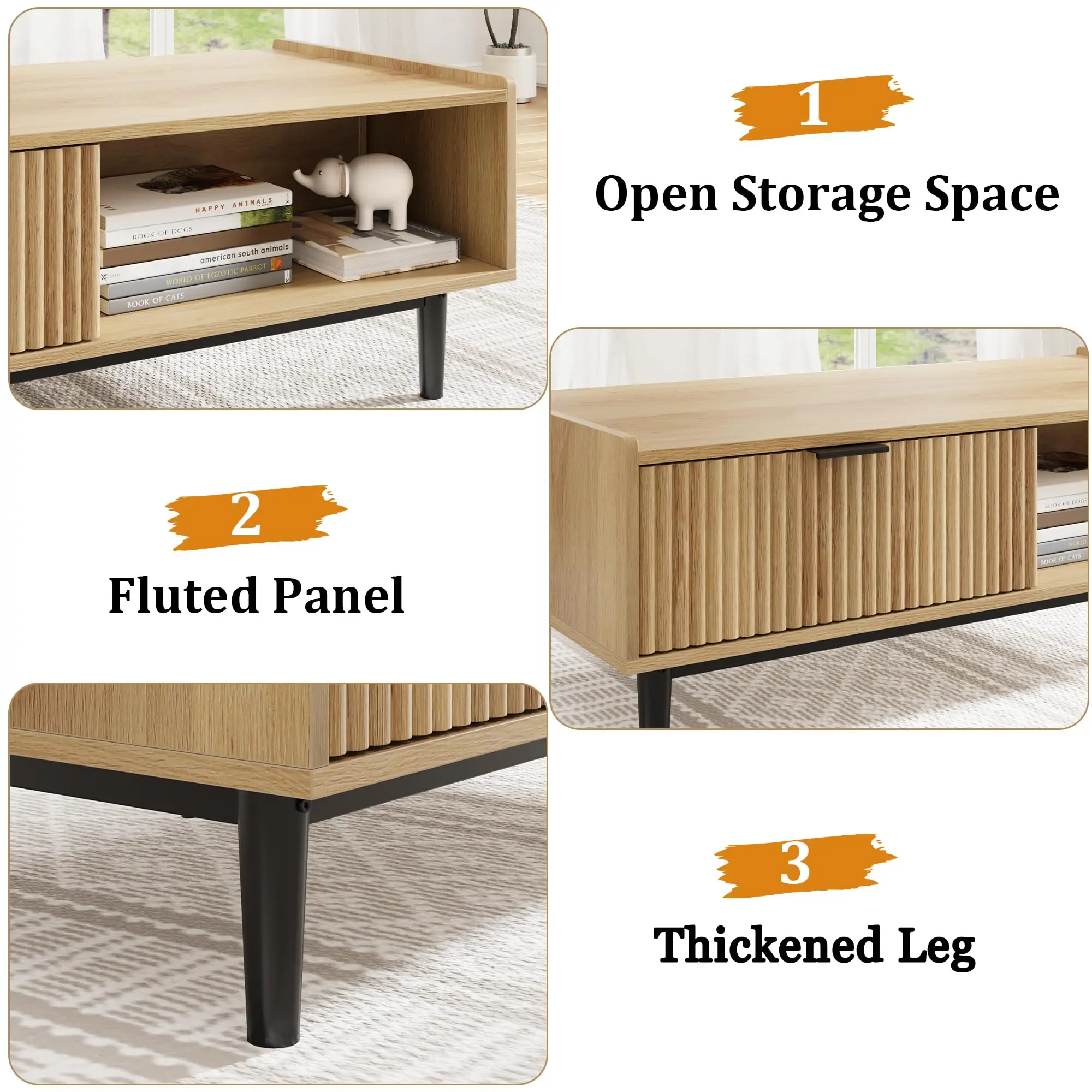 طاولة قهوة مخددة مقاس 42.5 بوصة مع درج تخزين ورف مفتوح، طاولة غرفة معيشة حديثة في منتصف القرن من الخشب الخفيف #3