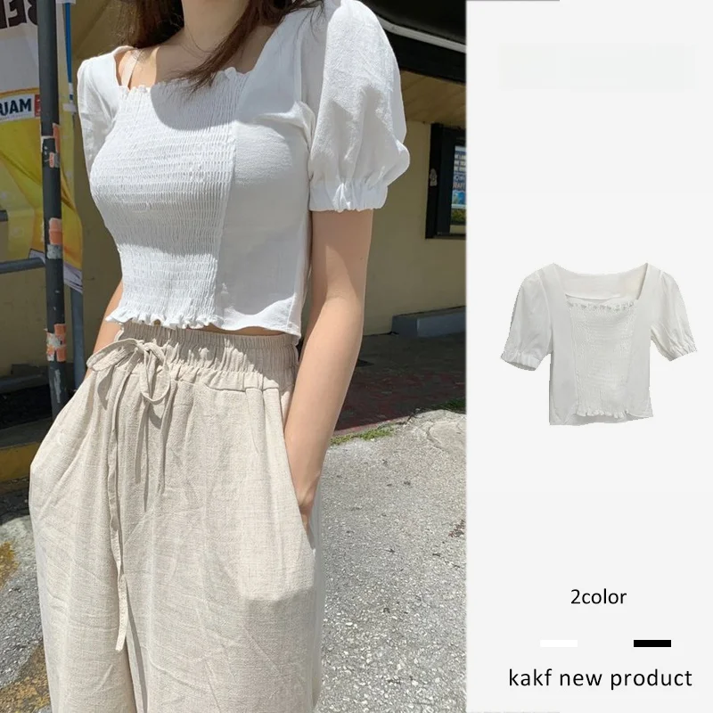 

Новая летняя корейская блузка в стиле шик с квадратным вырезом, плиссировкой, уникальными рукавами-фонариками, приталенным кроем и универсальным дизайном