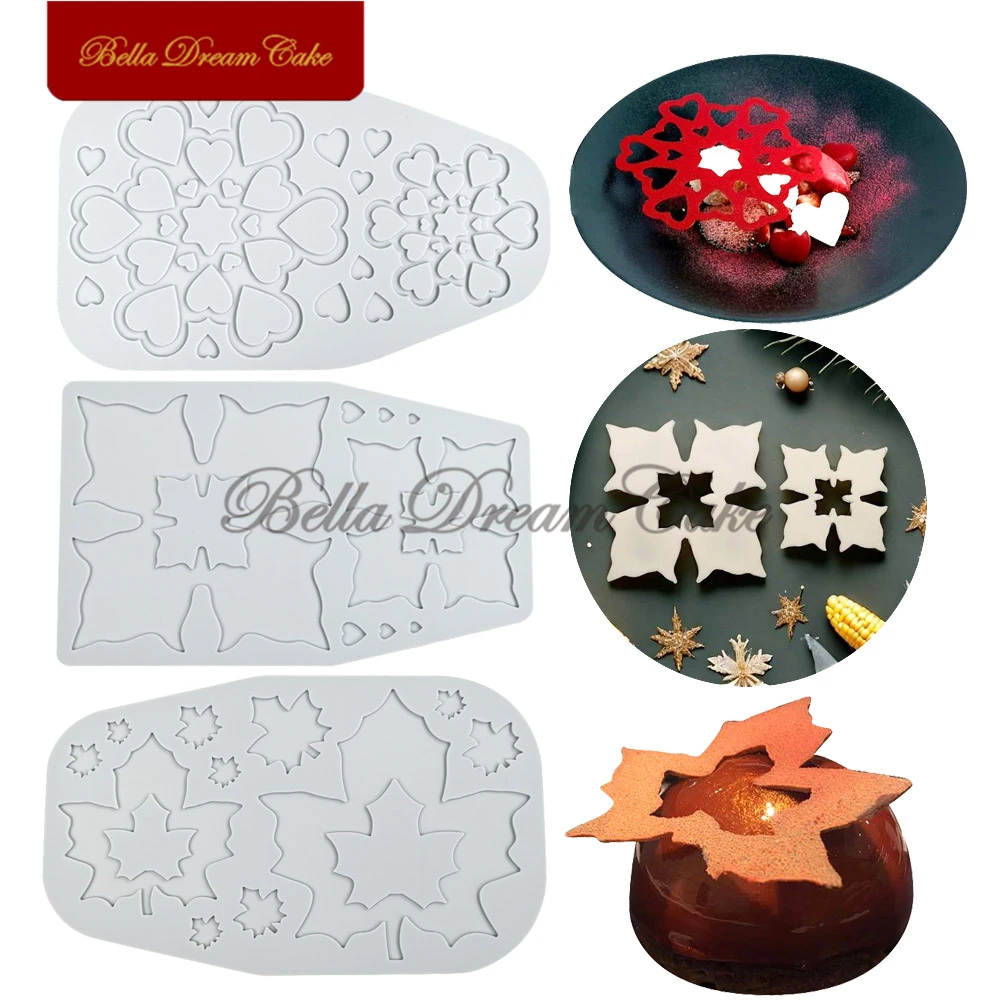 3D Hollow Heart Ring/Maple Leaf Silicone Lace Mat DIY Tuille Stencil Mould Chocolate Baking Pad Cake Decorating Tools Bakeware