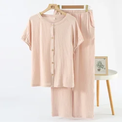 Muslin 100% Cotton Gauze Summer Women's Suit  Button Up Short Sleeve Tees + Long Trouser 2 Piece Sets Women Outfit