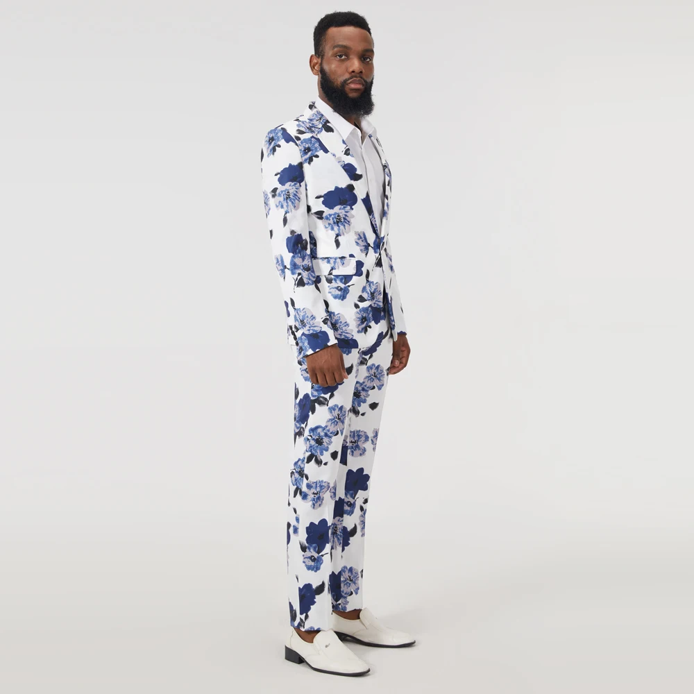 Mens New Fashion Slim Print Blue And White Suits Set 2PCS Suits (Coat+ Pants) Performance DJ Jacket Luxury Singer Star Coat