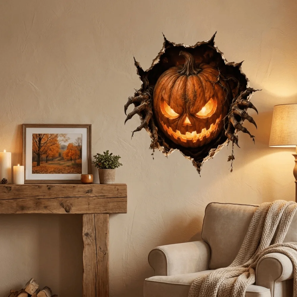 2D Flat Ghost Pumpkin Wall Decal Self-Adhesive Spooky Crash Through Wall Decals Electrostatic Realistic Pumpkin Door Sticker