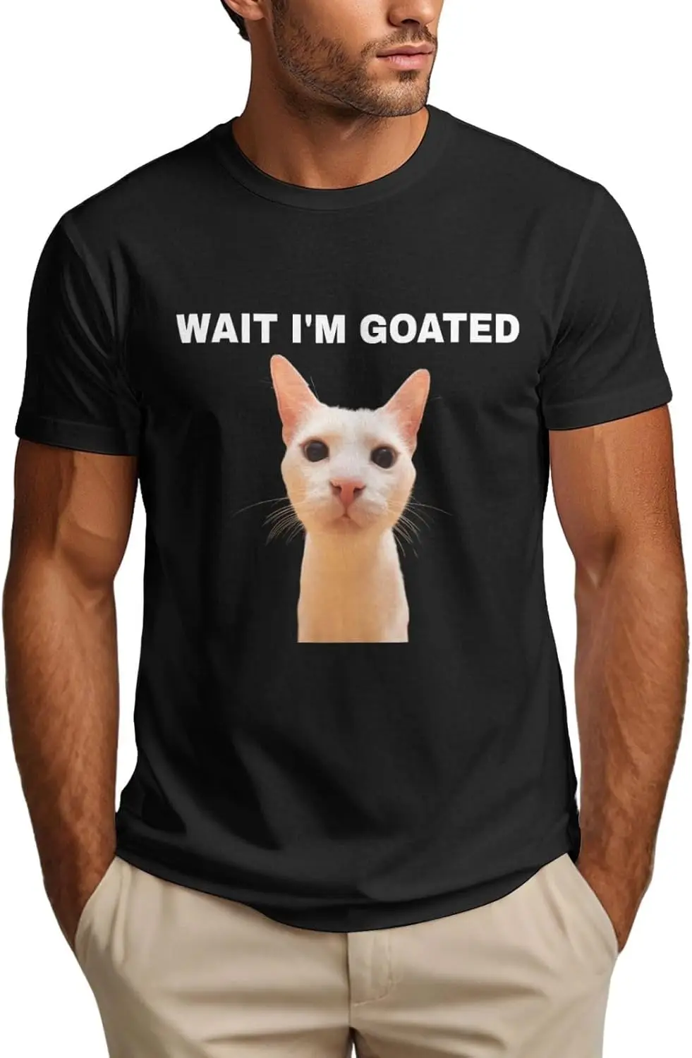 Wait I'm Goated Shirt Silly Cat Meme Mens T-Shirt