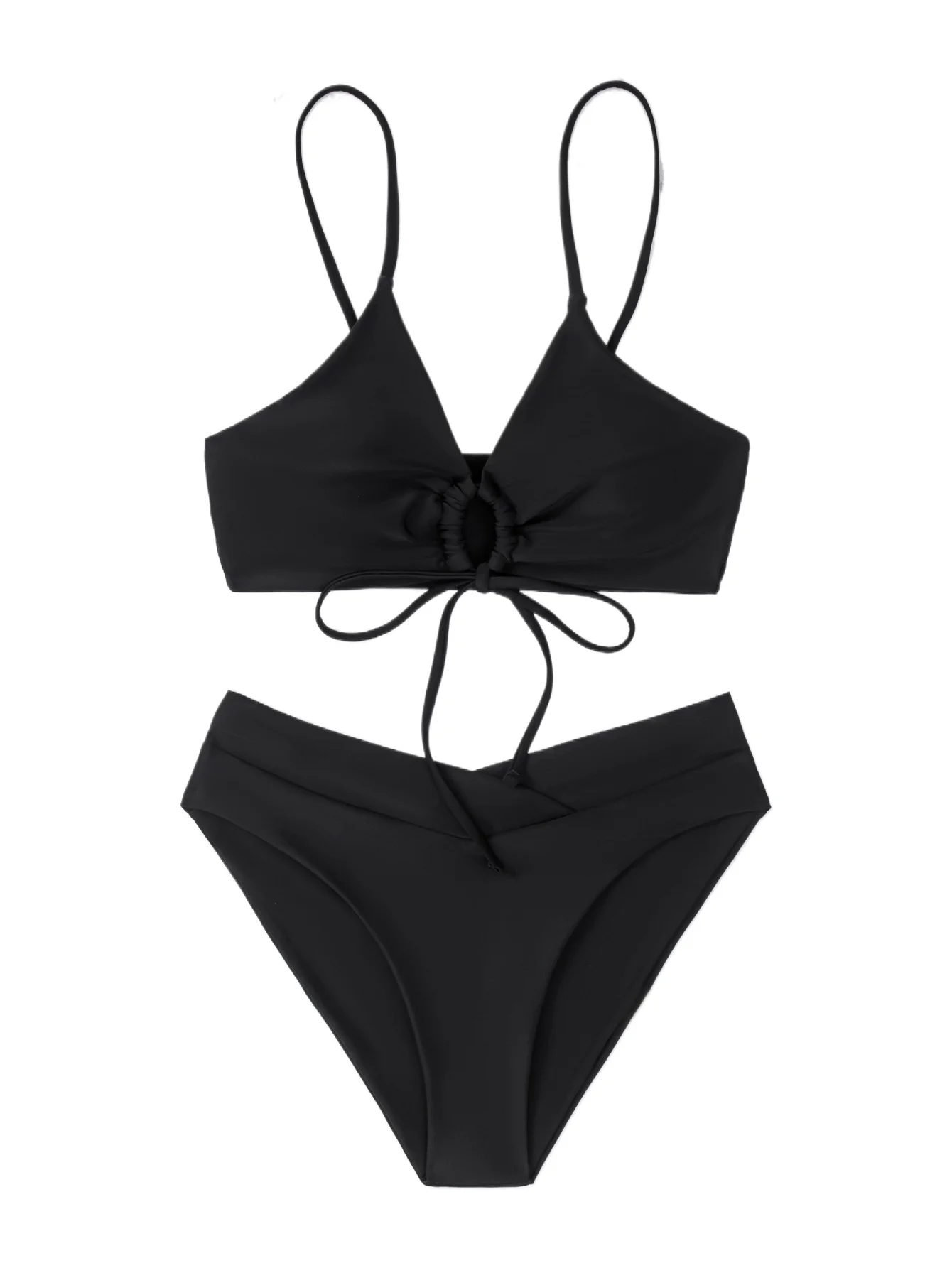 

Женский комплект бикини с завязками спереди, раздельный купальник с высокой талией и V-образным вырезом, облегающий однотонный купальный костюм для лета, пляжа и бассейна