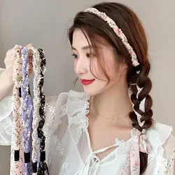 Fashion Summer Floral Hair Ribbon Headbands for Women French Rhinestones Pearl Weave Long Tassel Hair Bands Headwear