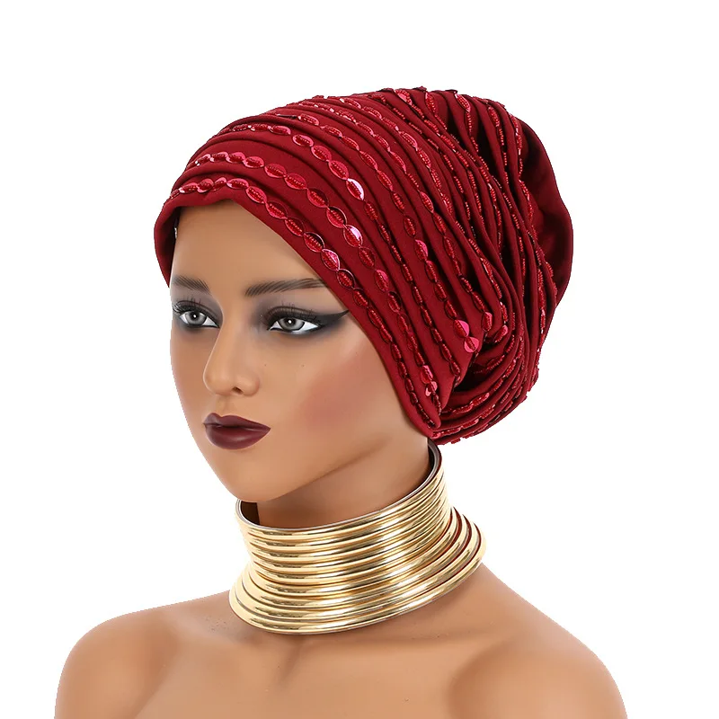 African Women Sequin Turban Hat Beaded Stretch Head Wrap Ladies Muslim Headscarf Soft Elastic Pleated Headwear Party Cap Mujer 2