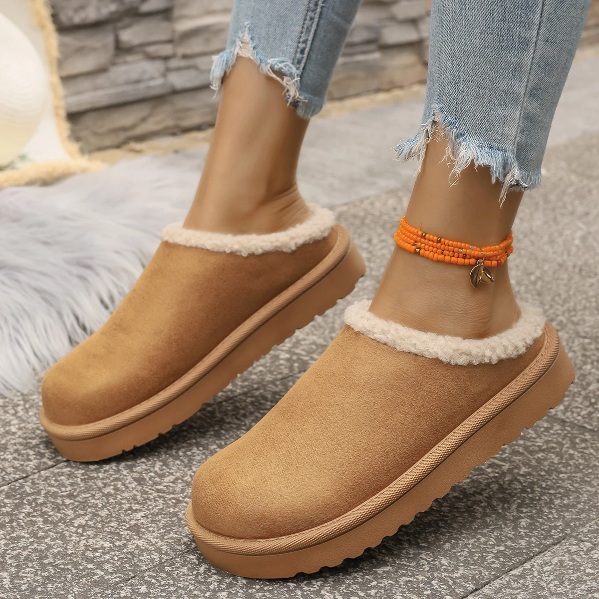 

Snow Boots for Women Winter New Cashmere Warm Thick Soles Without Heel-covered Hair Half Slipper Cotton Shoes for Women Boot