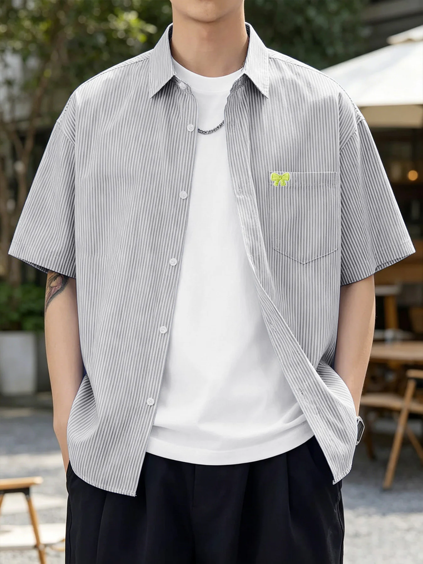 Summer fashion trend men's simple print collar short sleeve thin stripe loose style multi-color optional casual shirt