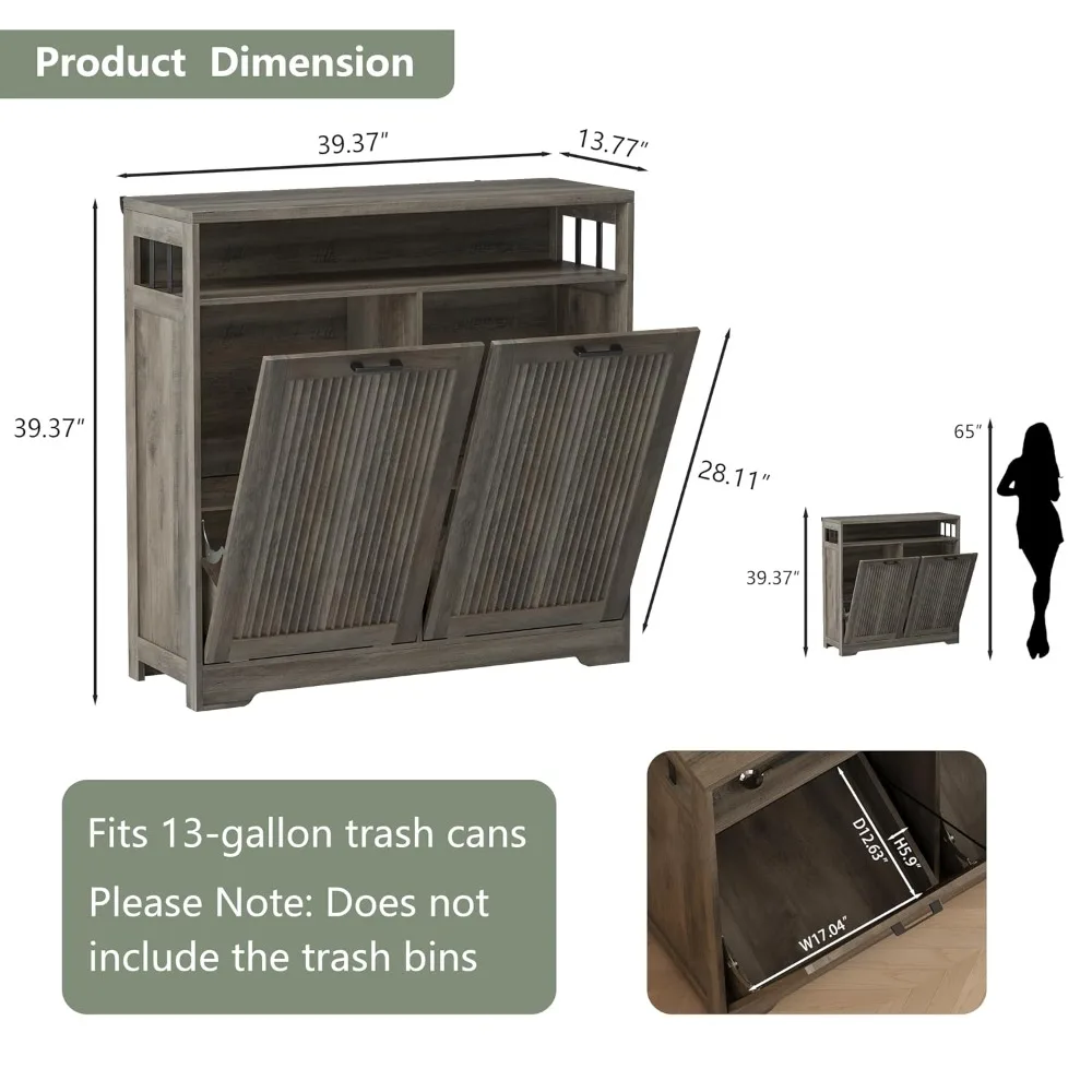 2x13 Gal Double Tilt Out Trash Cabinet, Gray, Fluted, Wood, Kitchen, Laundry, Storage Shelf