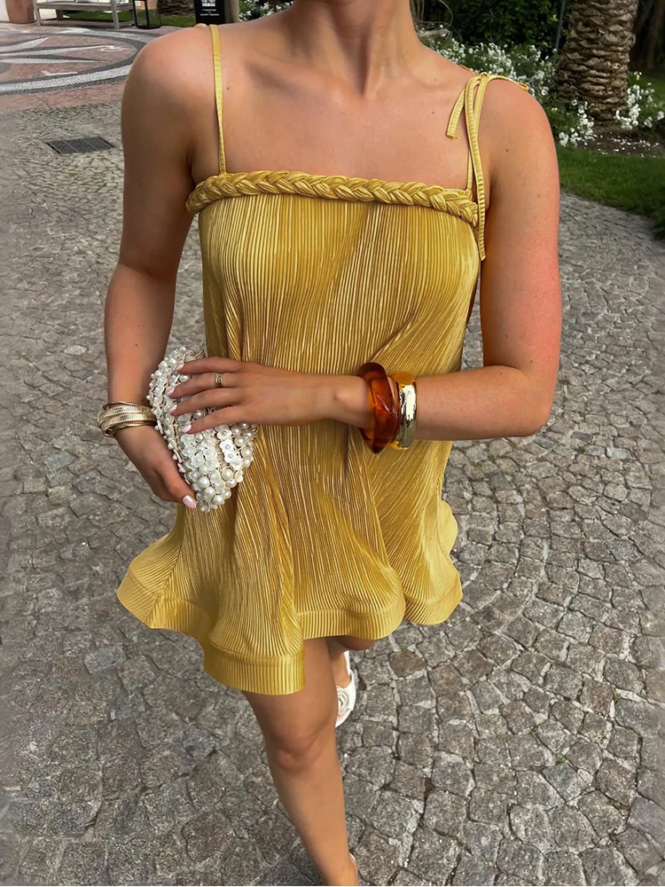 Cutenew Loose Stunning Women Mini Dress Summer Silky Ruffle Woven Strap Splice Sleeveless Vestidos Female Concise Party Frock