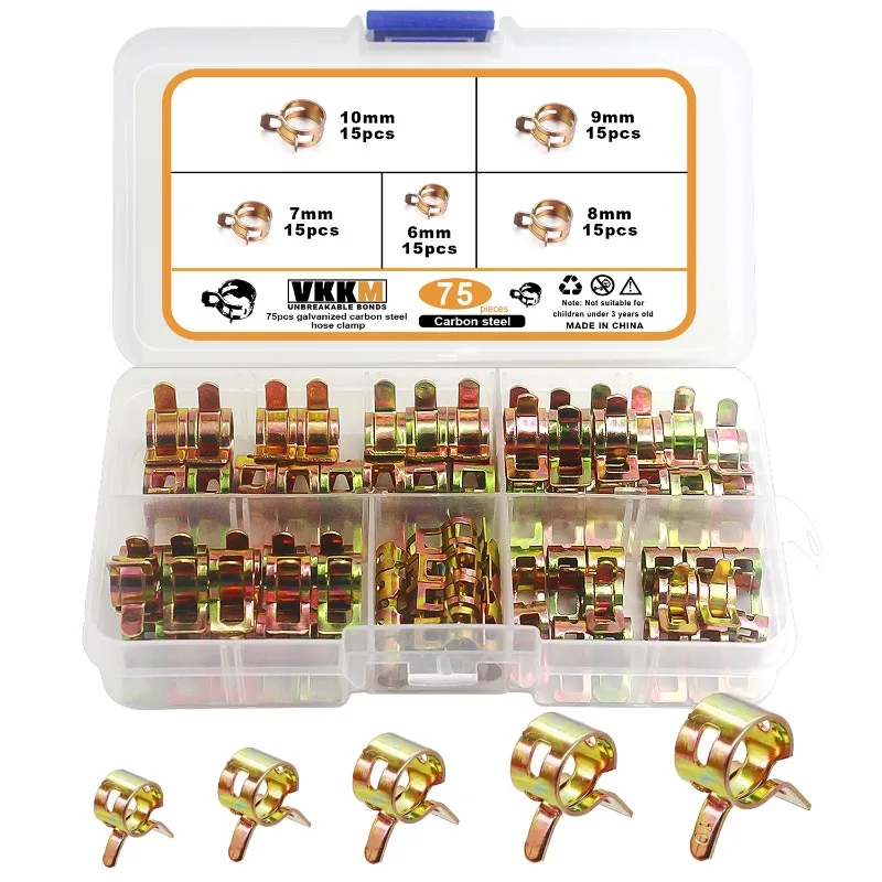 VKKM Kit surtido de abrazaderas de manguera con resorte de acero de aleación de 75 piezas: duradero, a prueba de fugas, varios tamaños para uso automotriz e industrial