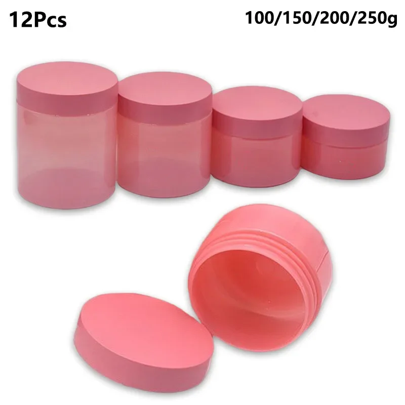 12Pcs 100/150/200/250g Pink Plastic Face Cream Jars PET Empty Cosmetic Bottles Refillable Facial Cream Eye Cream Containers Tin