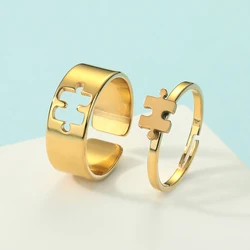 Kinitial Stainless Steel Puzzle Promise Ring For Couple Jigsaw Jewelry His and Her Matching Ring Can Adjustable Ring