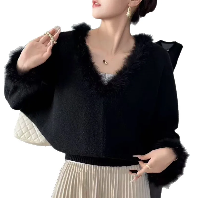 الخريف الشتاء سترة برقبة على شكل v للنساء الربط حافة شعر تصميم عصري جديد قصير نمط الراقية محبوك بلون علوي #5