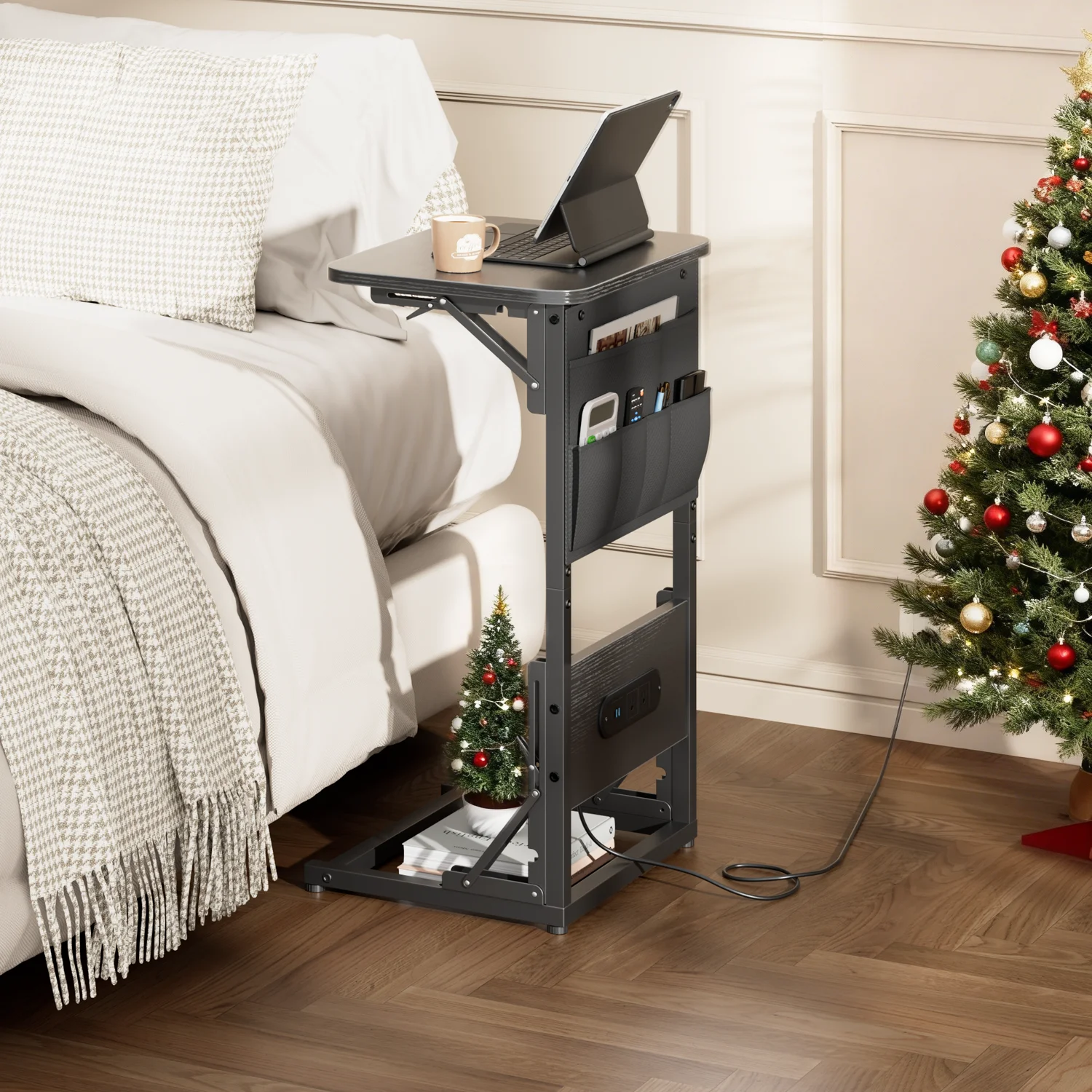 Height Adjustable C Shaped End Table with Charging Station Foldable Couch Side Table with Storage Bag 2 AC Outlets 2 USB Ports for Bedroom Living Room