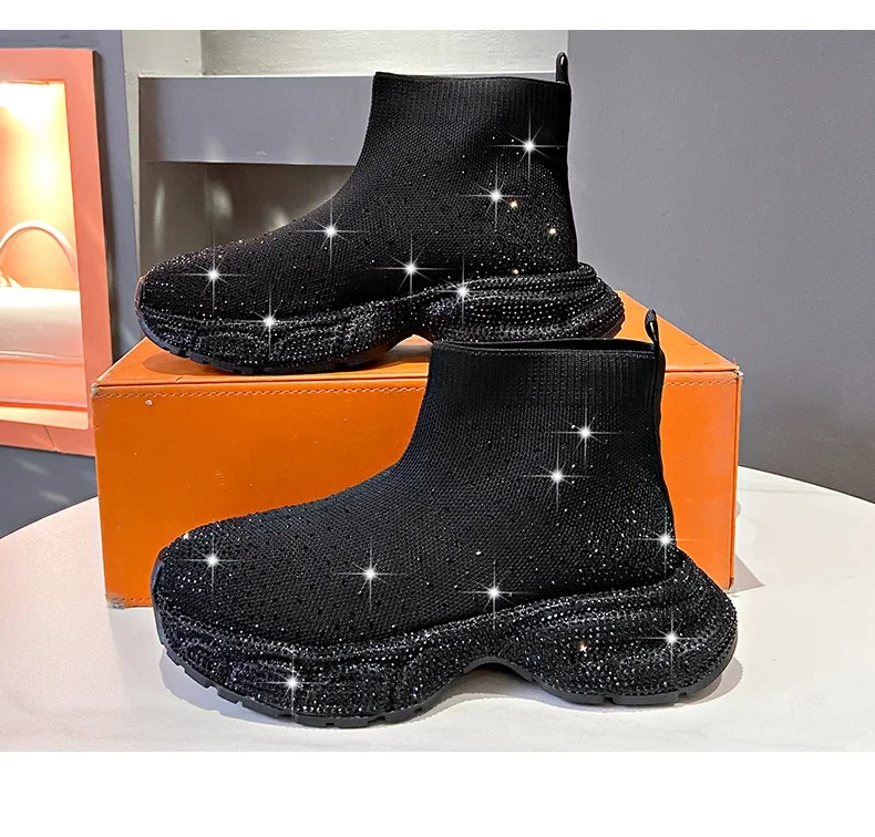 

2024 New Water Diamond High-top Sports Shoes for Women with Elastic Socks Boots and Spongy Breathable Casual Elevated Shoes