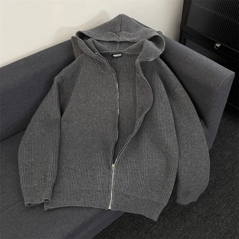 

Retro American Design Hooded Zipper Cardigan Sweater Men's Women's Lazy Sle Knitted Outerwear Autumn Winter Faionable Pol...