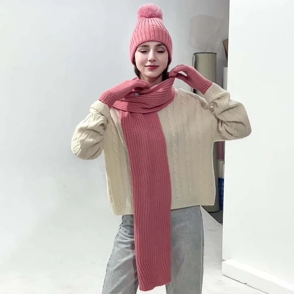 Beanies Cap Elastic Scarf and Hat Set Warmer Mittens Soft Cold Proof Gloves Plush Ball Solid Color Pullover Cap Outdoor