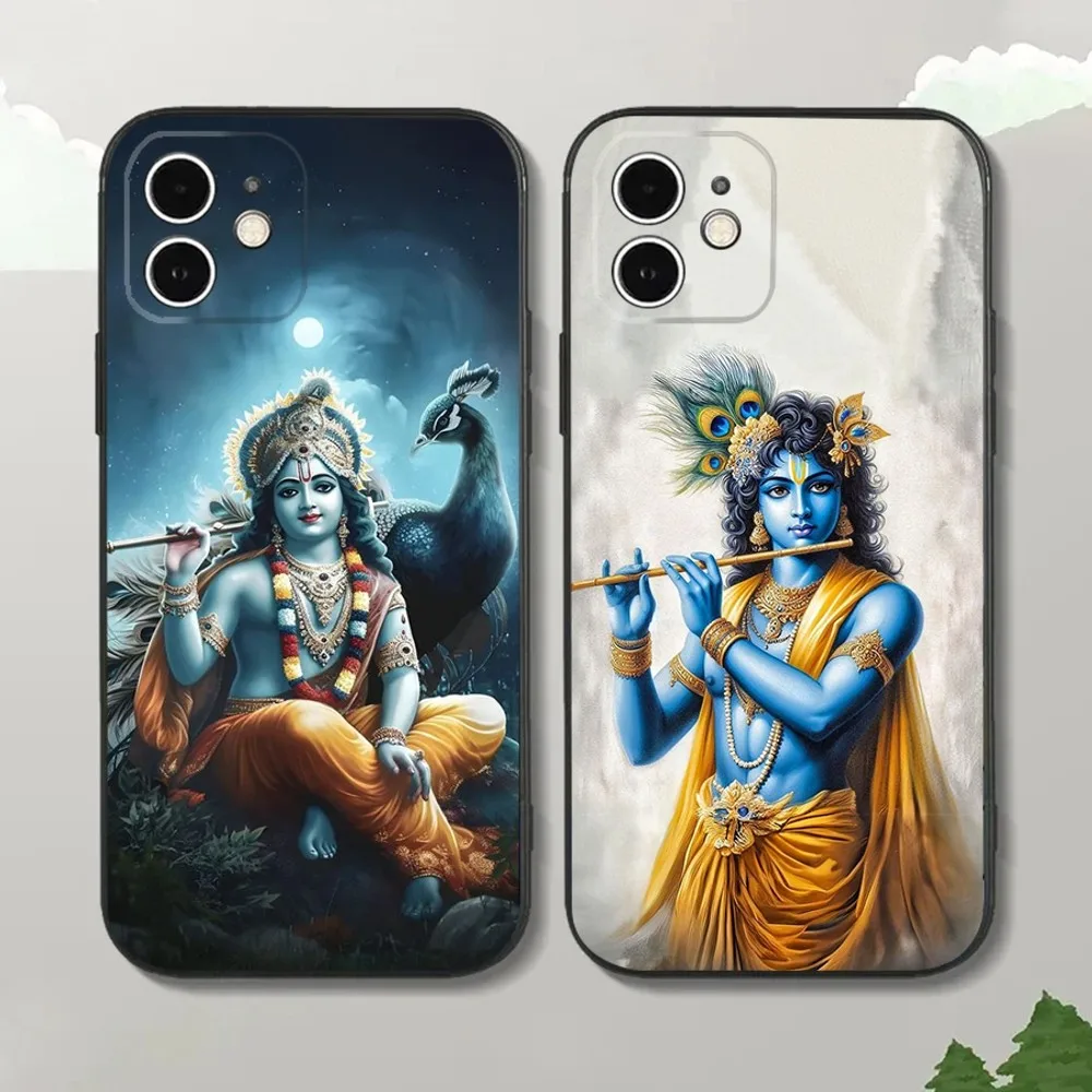 Indian God Lord Krishna Phone Case For iPhone15,14,13,12 Mini 11 Pro XR,X,XS,MAX 7,8 Plus Silicone Cover Soft Black