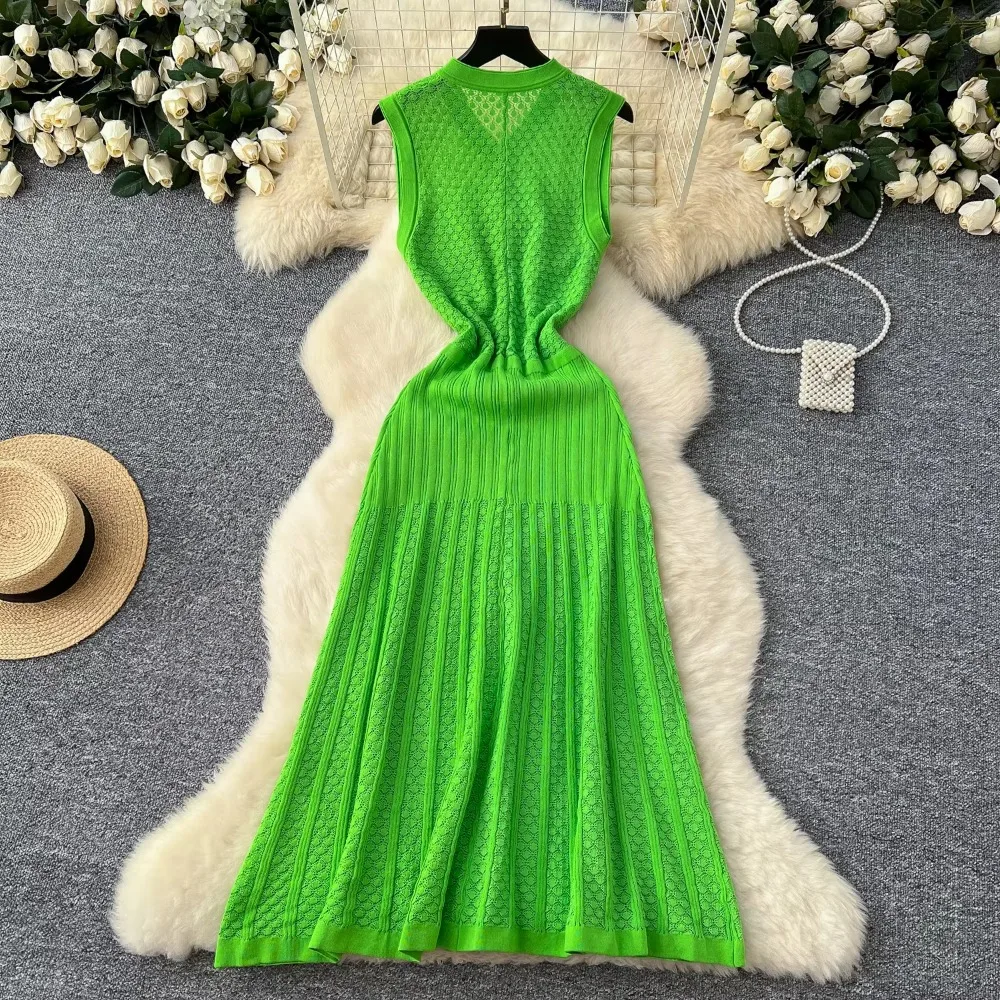 Elegant V-neck Vintage Sleeveless Single Breasted Chic Hollow Out Hook Flower Knit Slim Long Dress Vacation High Street Clothing