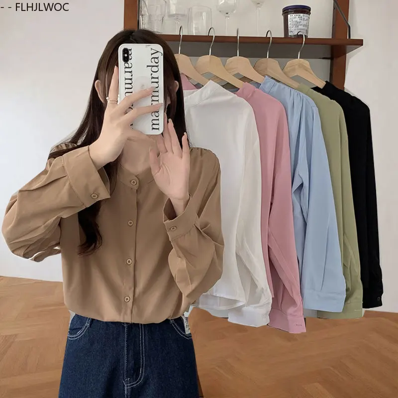 

Stand Collar Cute Tops Blouses New 2025 Autumn Preppy Style Chic Korea Japan Girls Solid Button Pink Green Retro Vintage Shirts