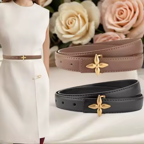 Women's high-end thin belt simple metal geometric buckle trend casual belt women's dress jeans new slim joker belt.